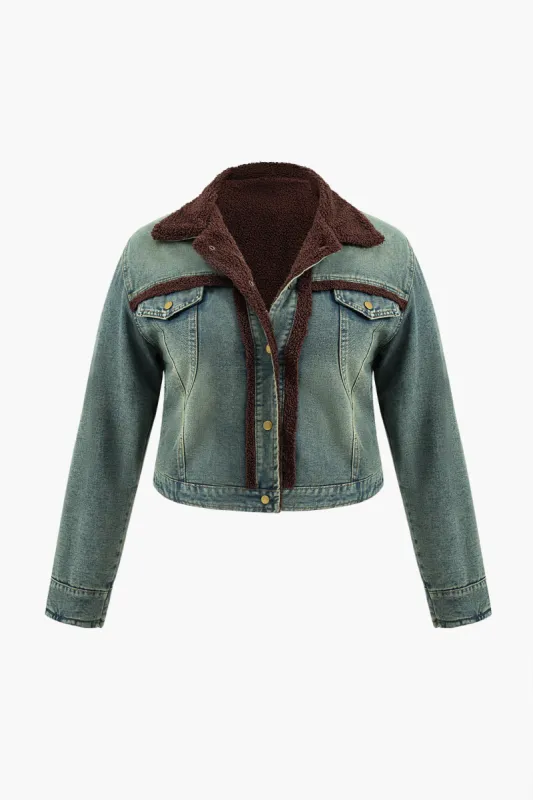 Plus Size Denim Button Patchwork-jakke sold by Micas
