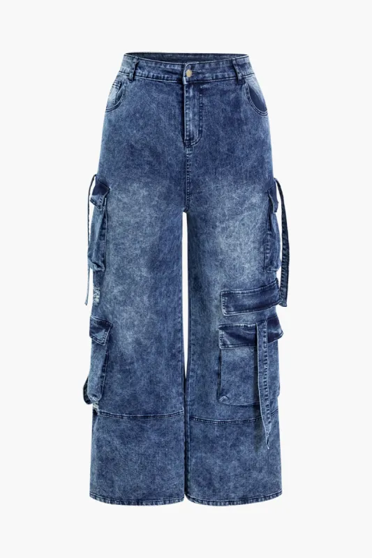 Plus Size Washed Wide Leg Cargo Jeans sold by Micas