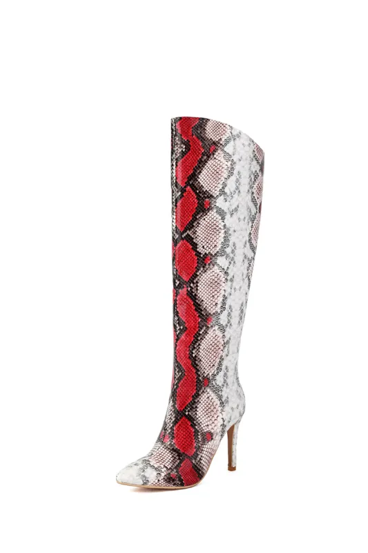 Snake Skin Kunstlæder højhælet spids tå over knæet støvler sold by Micas