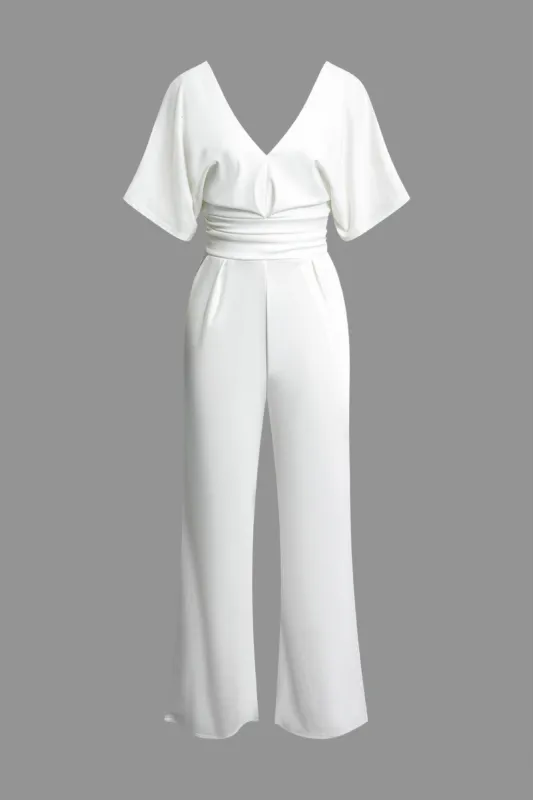 Solid Ruched Deep V Jumpsuit sold by Micas