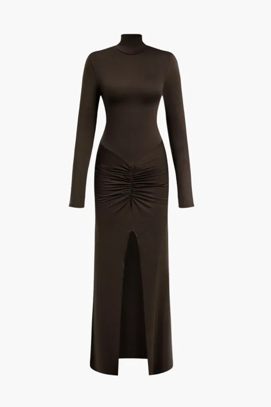 Solid Ruched Mock Neck Slit Maxikjole sold by Micas