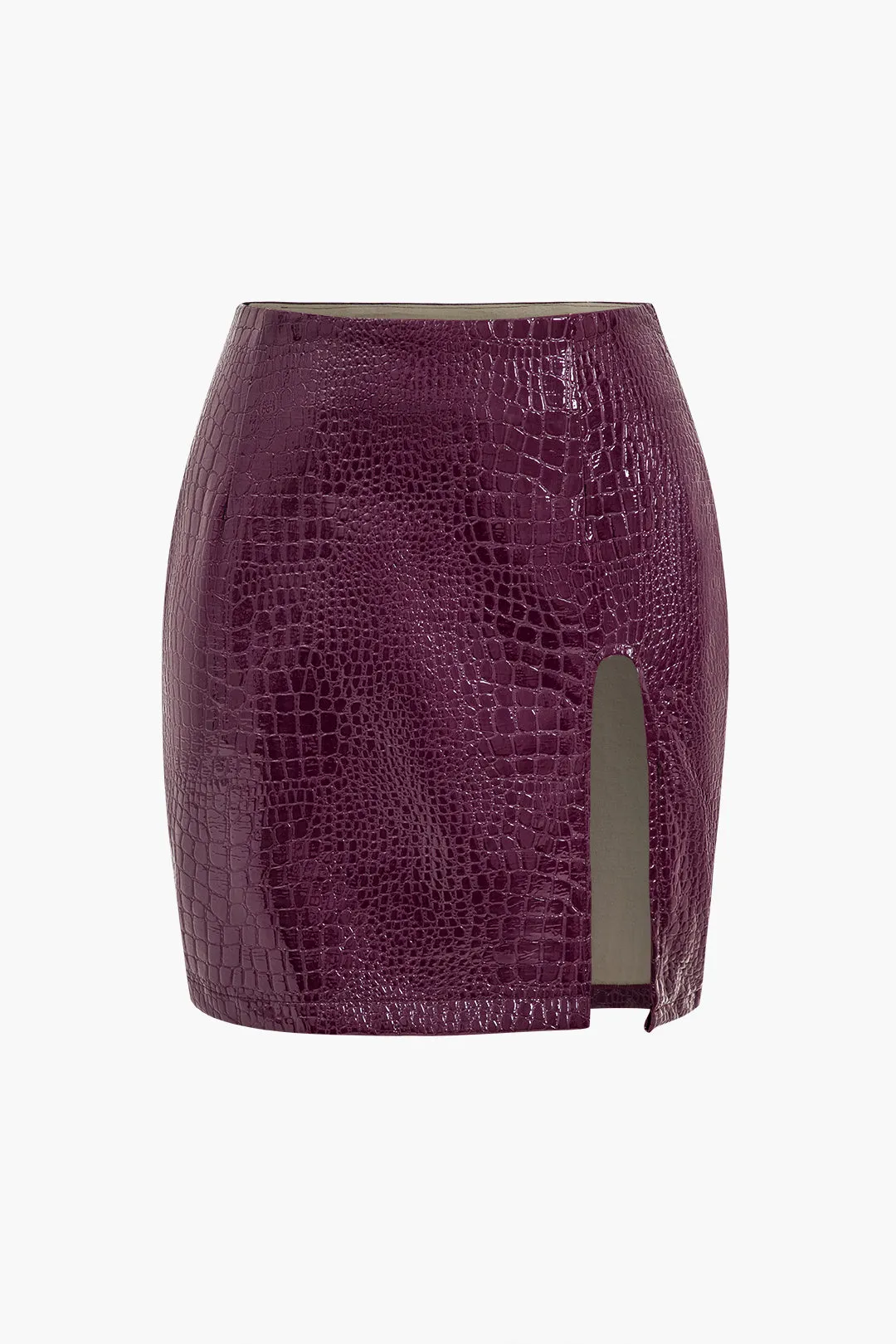 Solid Textured Faux Leather Slit Zipper Skirt sold by Micas