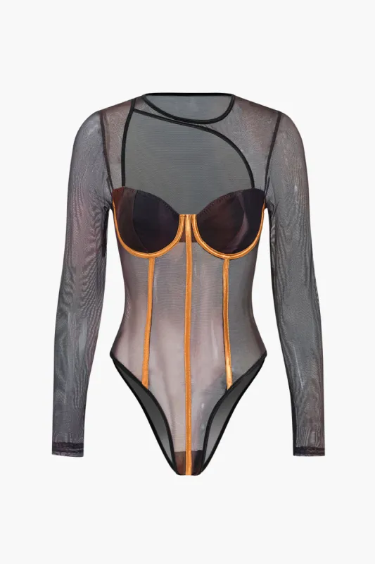 Mesh Sheer Patchwork Bodysuit sold by Micas