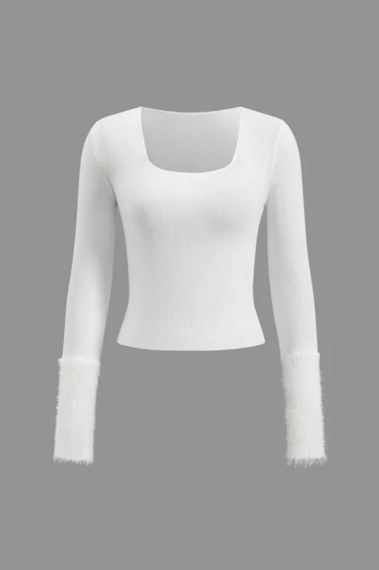 Faux Fur Patchwork langærmet top sold by Micas