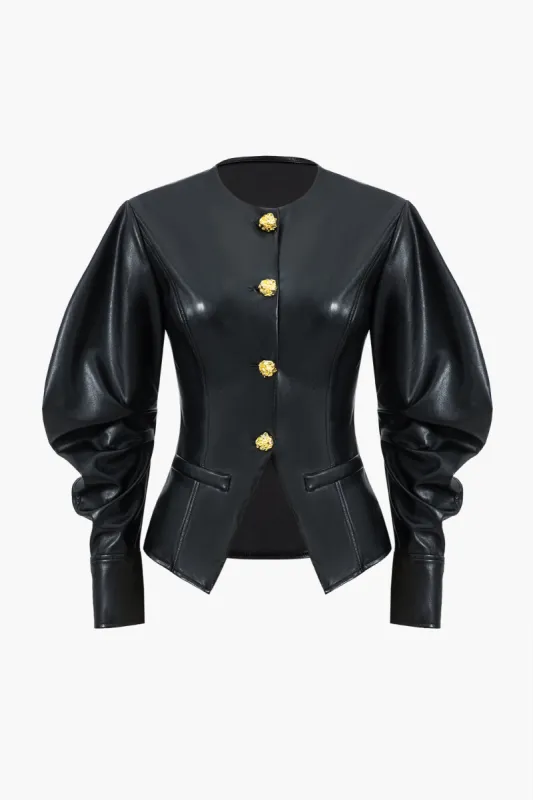 Imiteret læder metallisk knapjakke sold by Micas