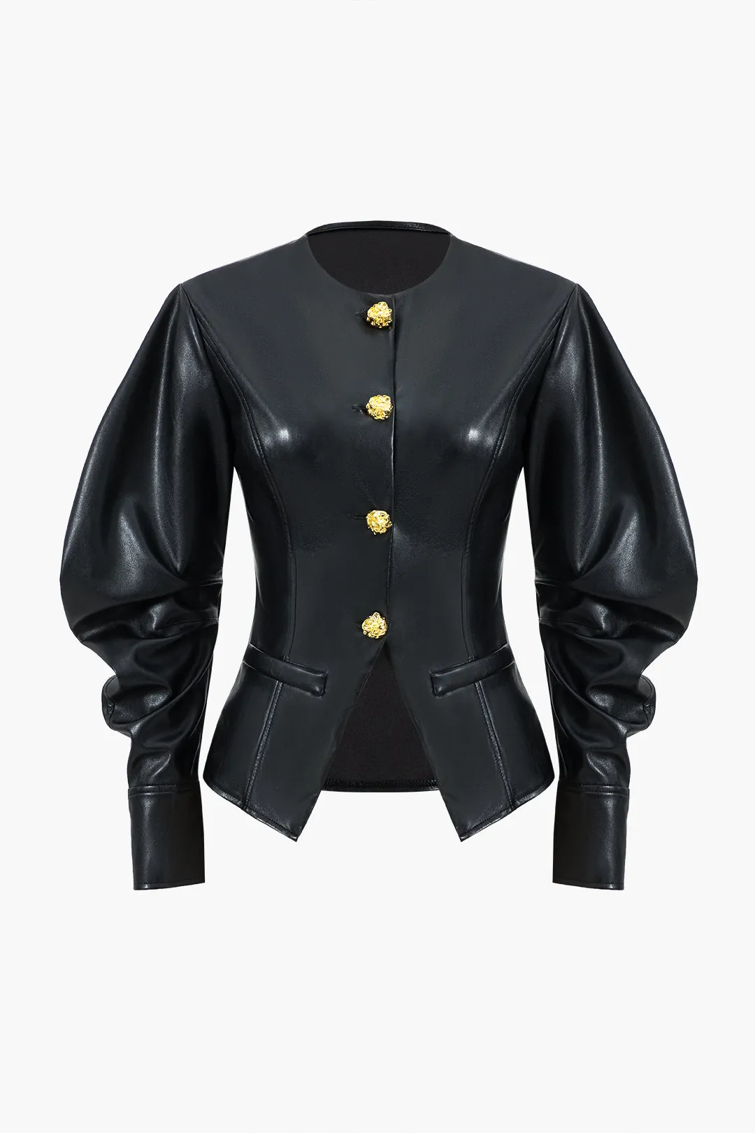 Imiteret læder metallisk knapjakke sold by Micas