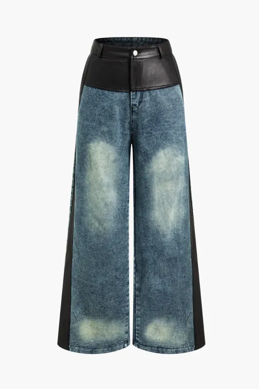 Faux læder patchwork brede ben jeans sold by Micas
