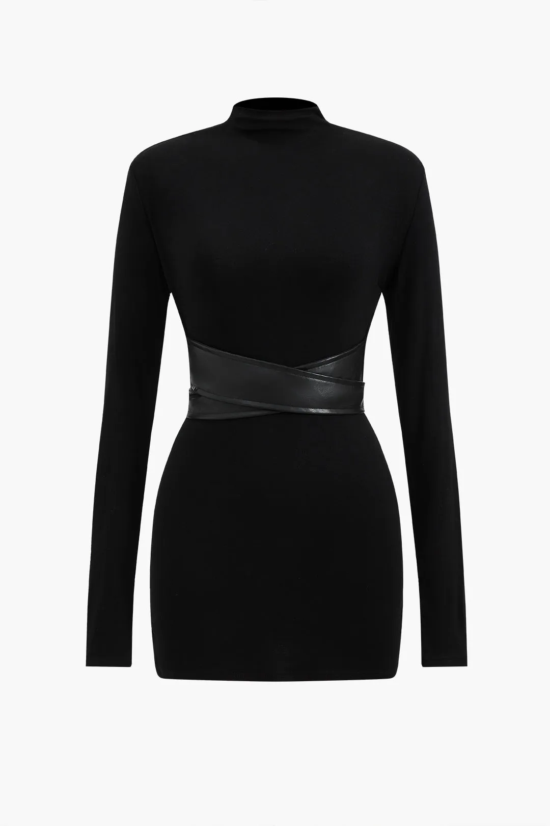 Faux læder patchwork mock hals mini kjole sold by Micas