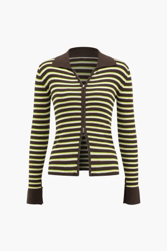 Stripe Print Knit Zipper Long-Sleeve Top sold by Micas