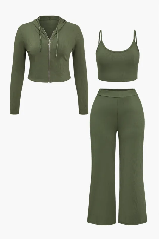 Plus Size Ribbed Cami Top And Zip-Up Hooded Top And Wide-Leg Pants Three-Piece Set sold by Micas