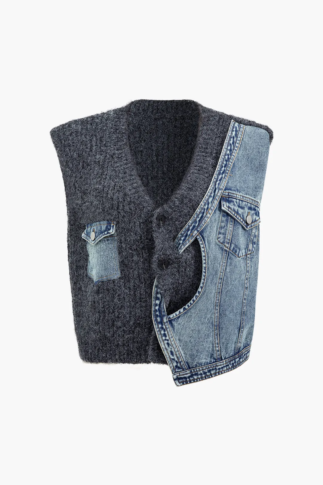 Denim patchwork asymmetrisk sweater vest sold by Micas