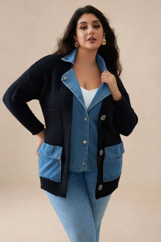 Plus Size Sweater Button Denim Patchwork Cardigan sold by Micas