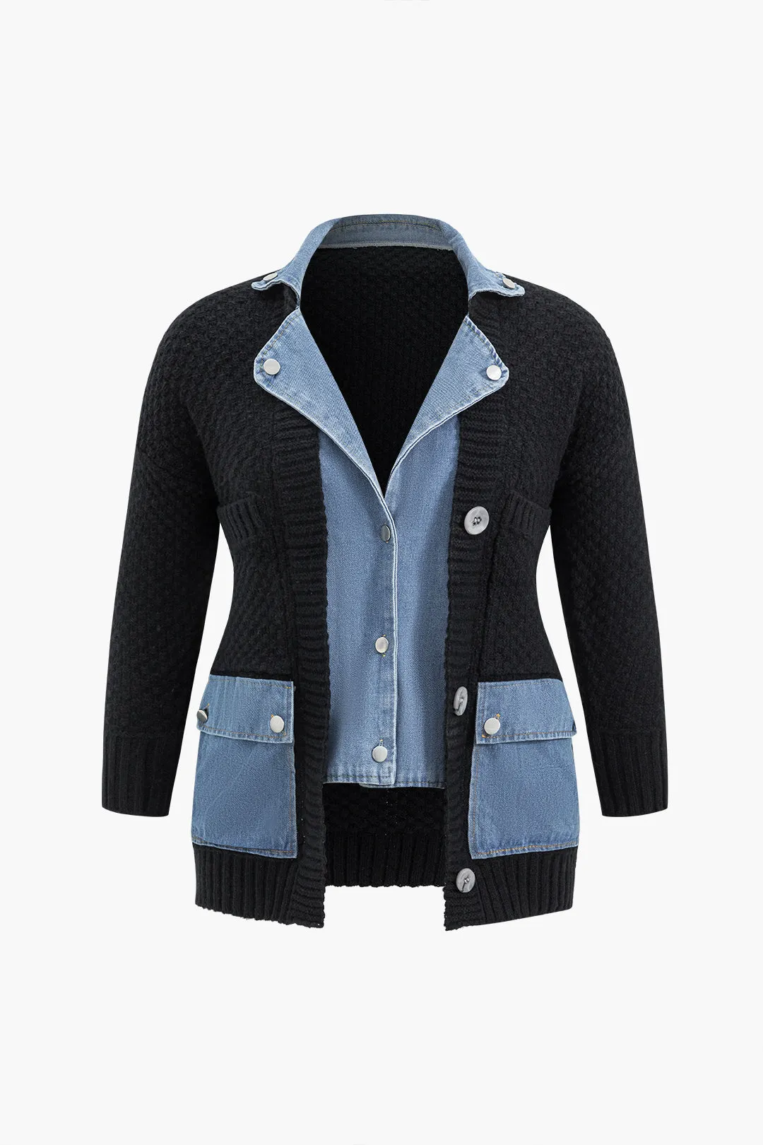 Plus Size Sweater Button Denim Patchwork Cardigan sold by Micas product image thumbnail 2