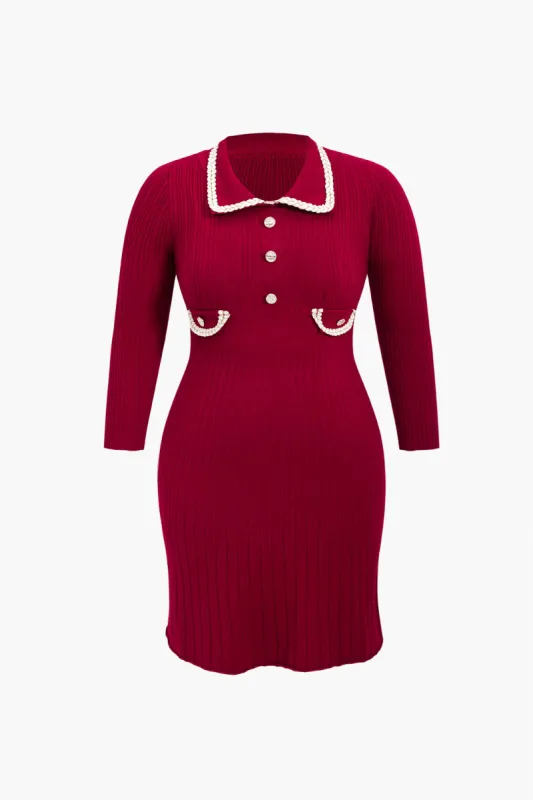 Plus Size Knit Button Fake Pocket Dress sold by Micas