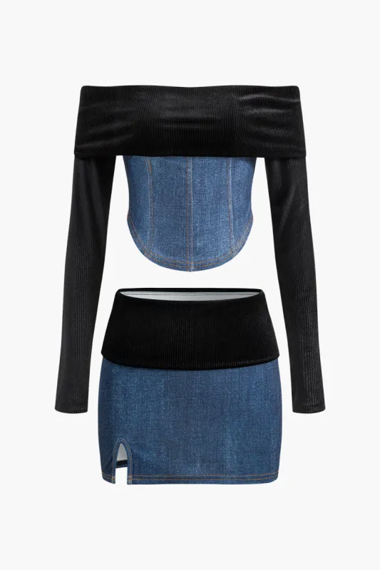 Off Shoulder Patchwork Skirt Set sold by Micas