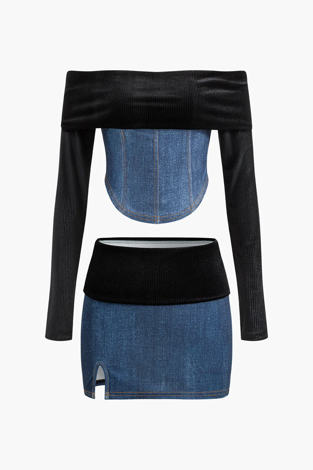 Off Shoulder Patchwork Skirt Set sold by Micas