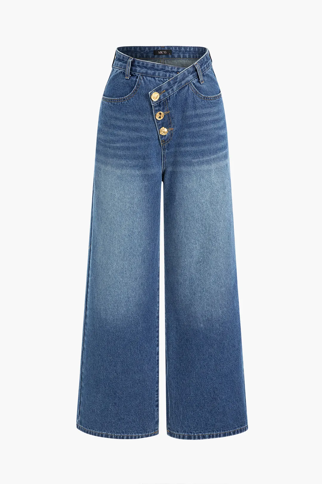 Denim knap asymmetriske jeans med brede ben sold by Micas