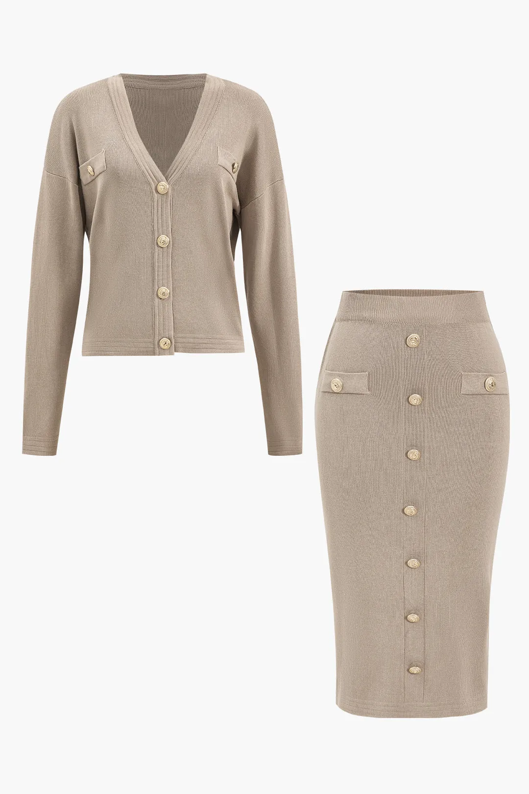 Strik v-hals top og nederdel sæt sold by Micas
