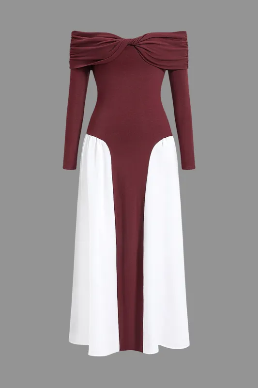 Contrast Off Shoulder Long Sleeve Ruched Twist Knot Maxi Dress sold by Micas