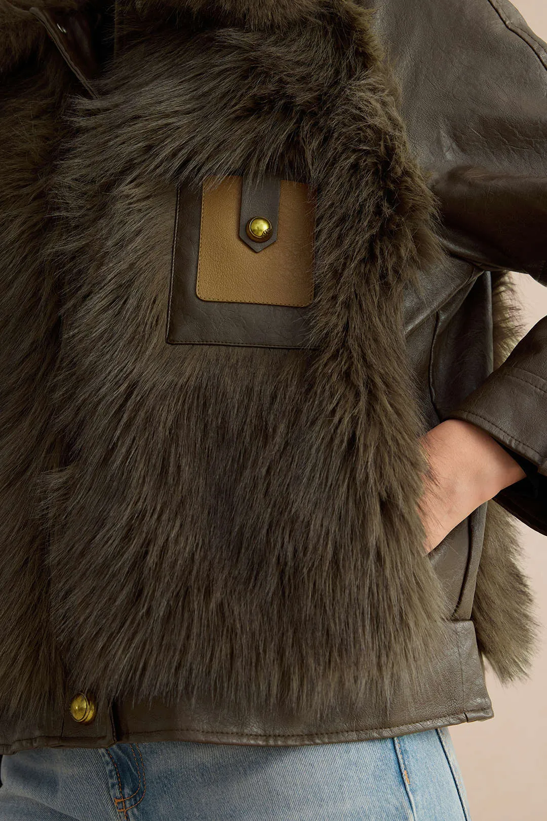 Faux Leather Fur Button Patchwork Coat sold by Micas product image thumbnail 4