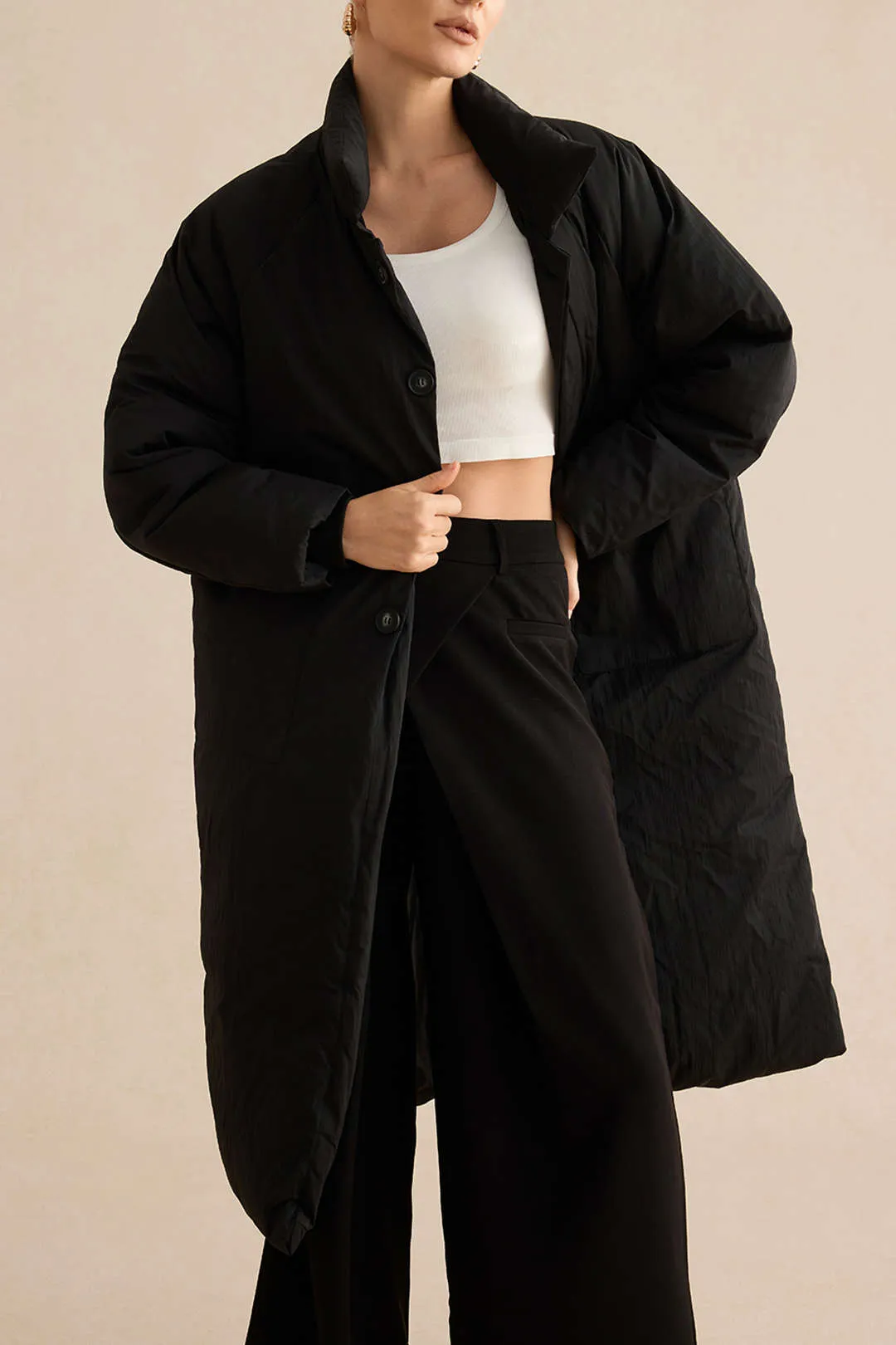 Padded Button Long Coat sold by Micas