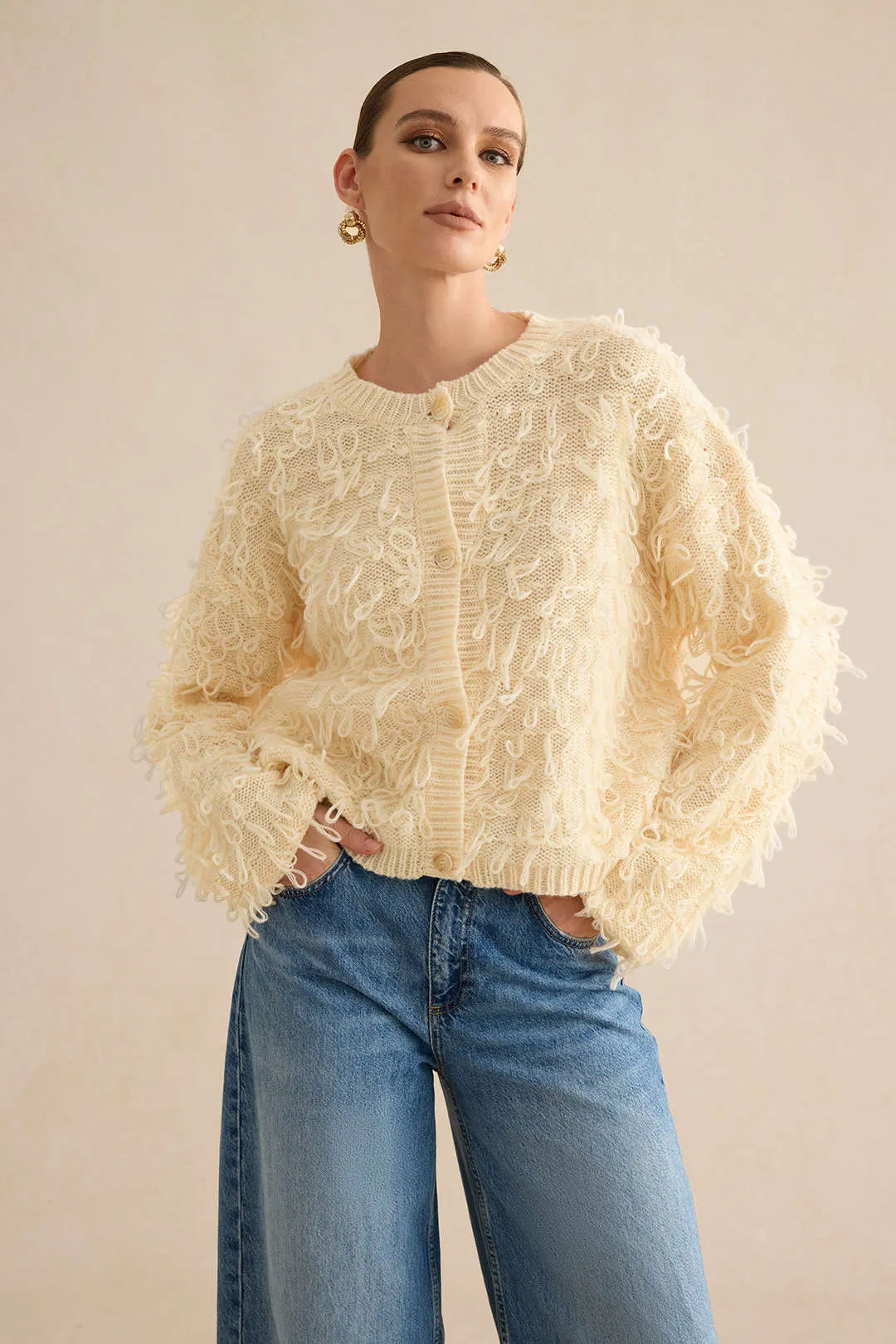 Sweater Fringe Button Cardigan sold by Micas