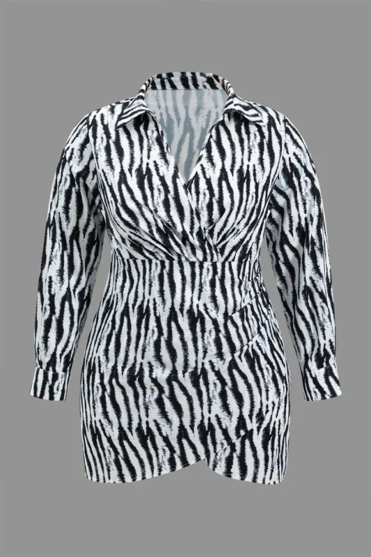 Plus Size Zebra Stripe Print Long Sleeve V-Neck Mini Dress made by Micas