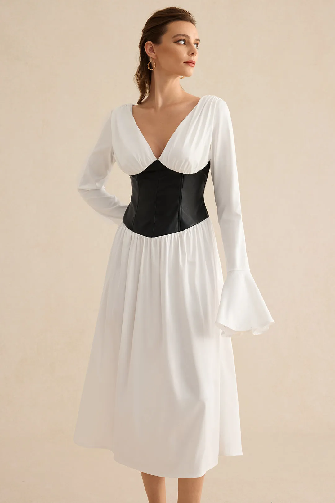 Faux Leather Patchwork Ruched Long Sleeve Midi Dress sold by Micas