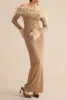 Feather Trim Off Shoulder Long Sleeve Maxi Dress sold by Micas