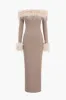 Feather Trim Off Shoulder Long Sleeve Maxi Dress sold by Micas
