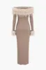 Feather Trim Off Shoulder Long Sleeve Maxi Dress sold by Micas