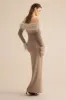Feather Trim Off Shoulder Long Sleeve Maxi Dress sold by Micas