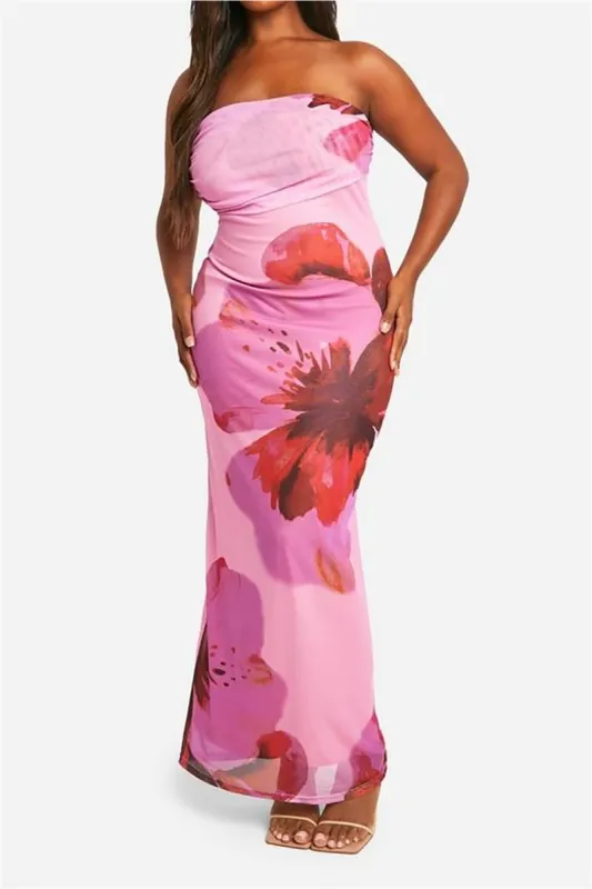 Plus Size Floral Print Strapless Maxi Dress sold by Micas