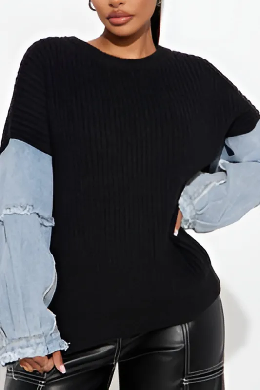 Knit Denim Patchwork Long-Sleeve Top sold by Micas