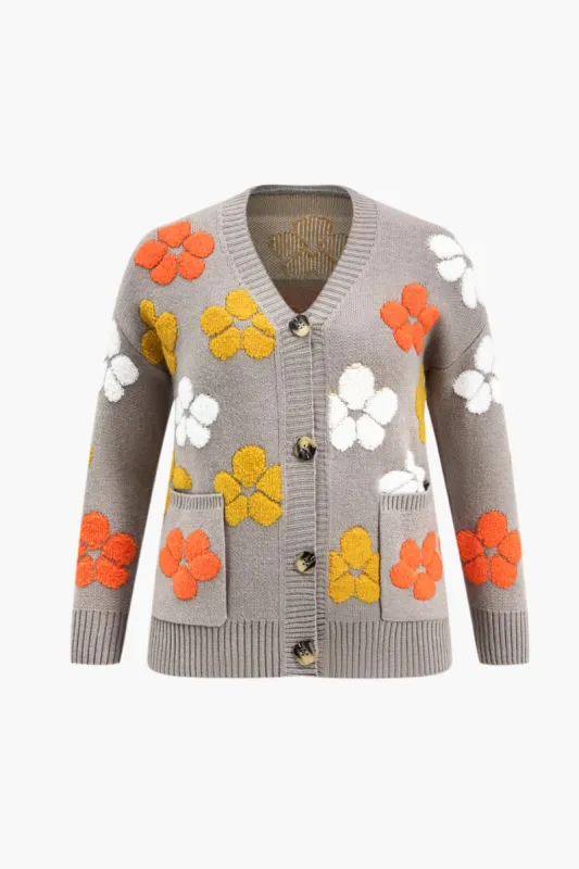 Plus Size Floral Pattern Knit Button Cardigan sold by Micas