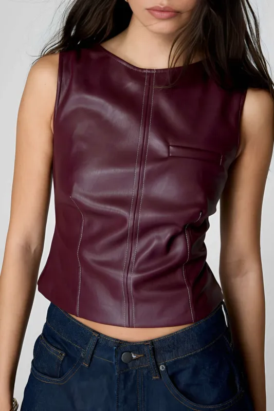 Faux Leather Contrast Whipstitching Tank Top sold by Micas
