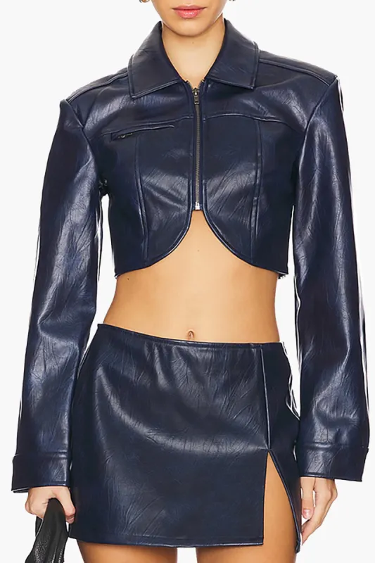 Faux Leather Zipper Crop Jacket And Slit Skirt Set sold by Micas