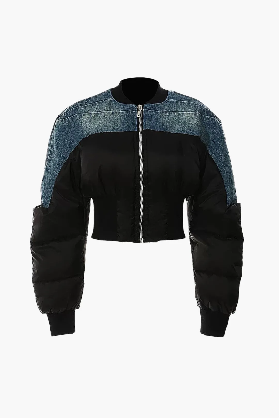 Denim patchwork lynlås detaljeret jakke sold by Micas