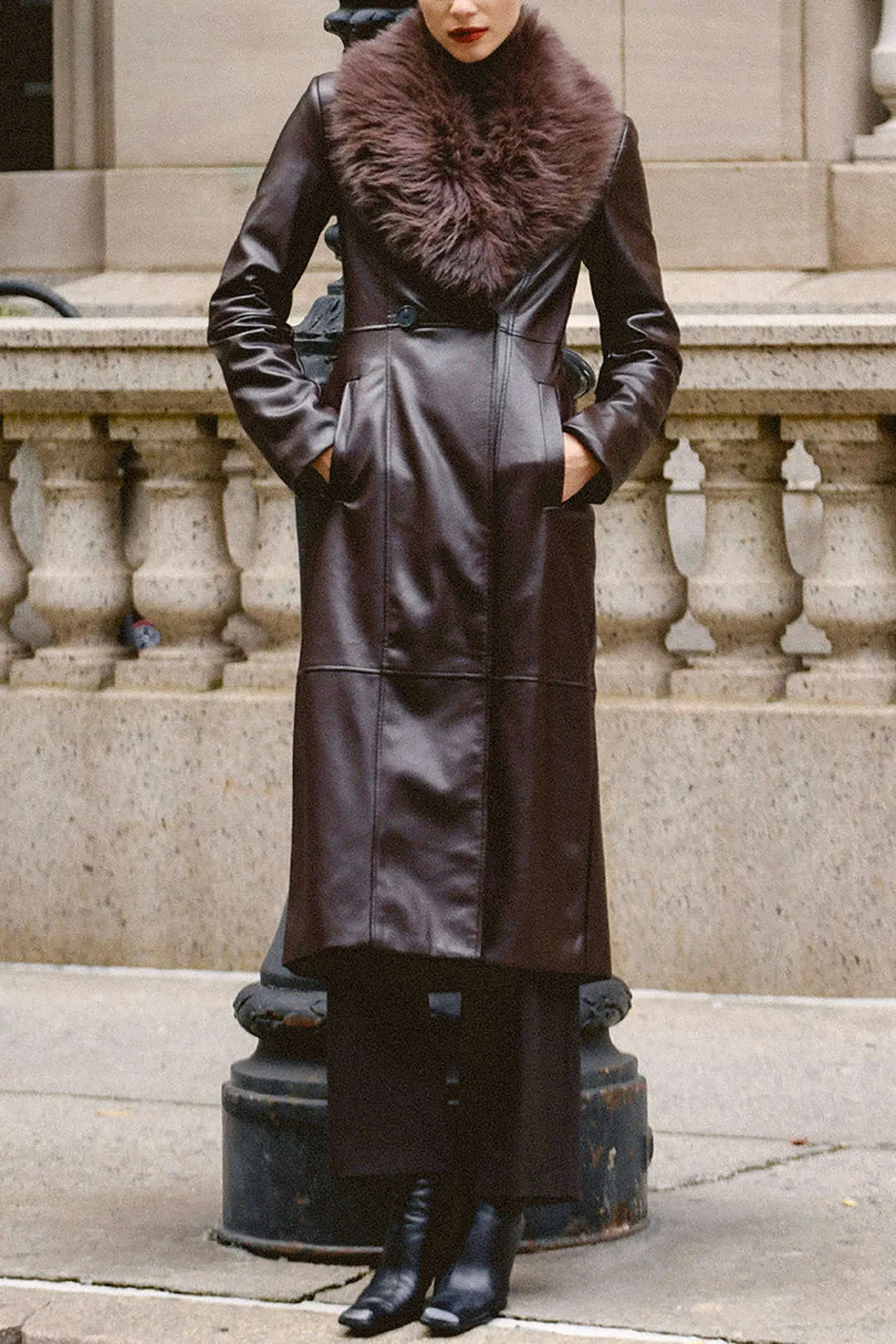 Faux Leather Fur Button Patchwork Coat sold by Micas product image thumbnail 3