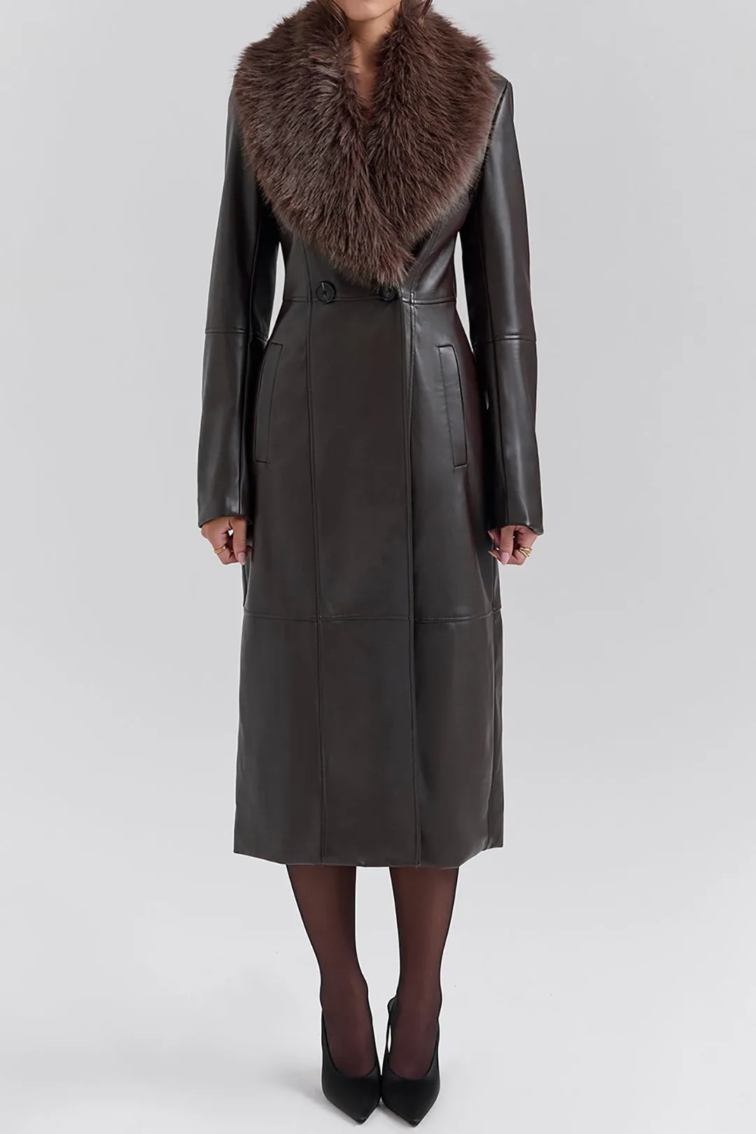 Faux Leather Fur Button Patchwork Coat sold by Micas