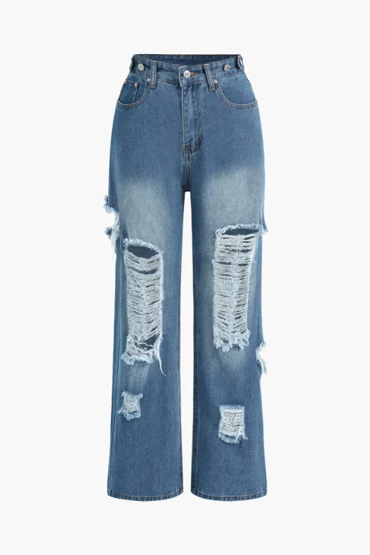Denim udskårne vaskede jeans med lige ben sold by Micas