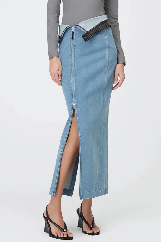 Patchwork Slit Denim Skirt sold by Micas