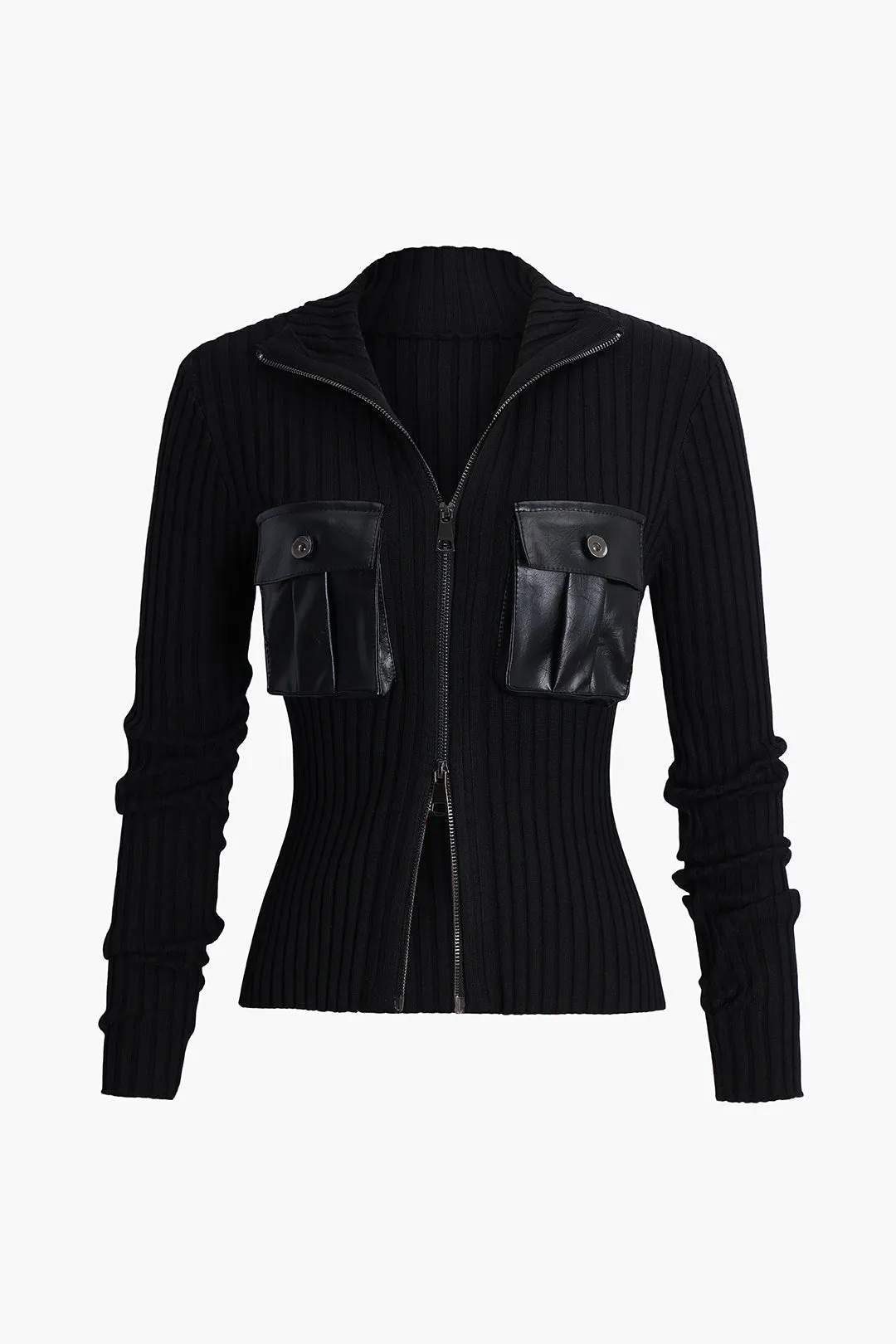 Knit Faux Leather Patchwork Pocket Cardigan sold by Micas