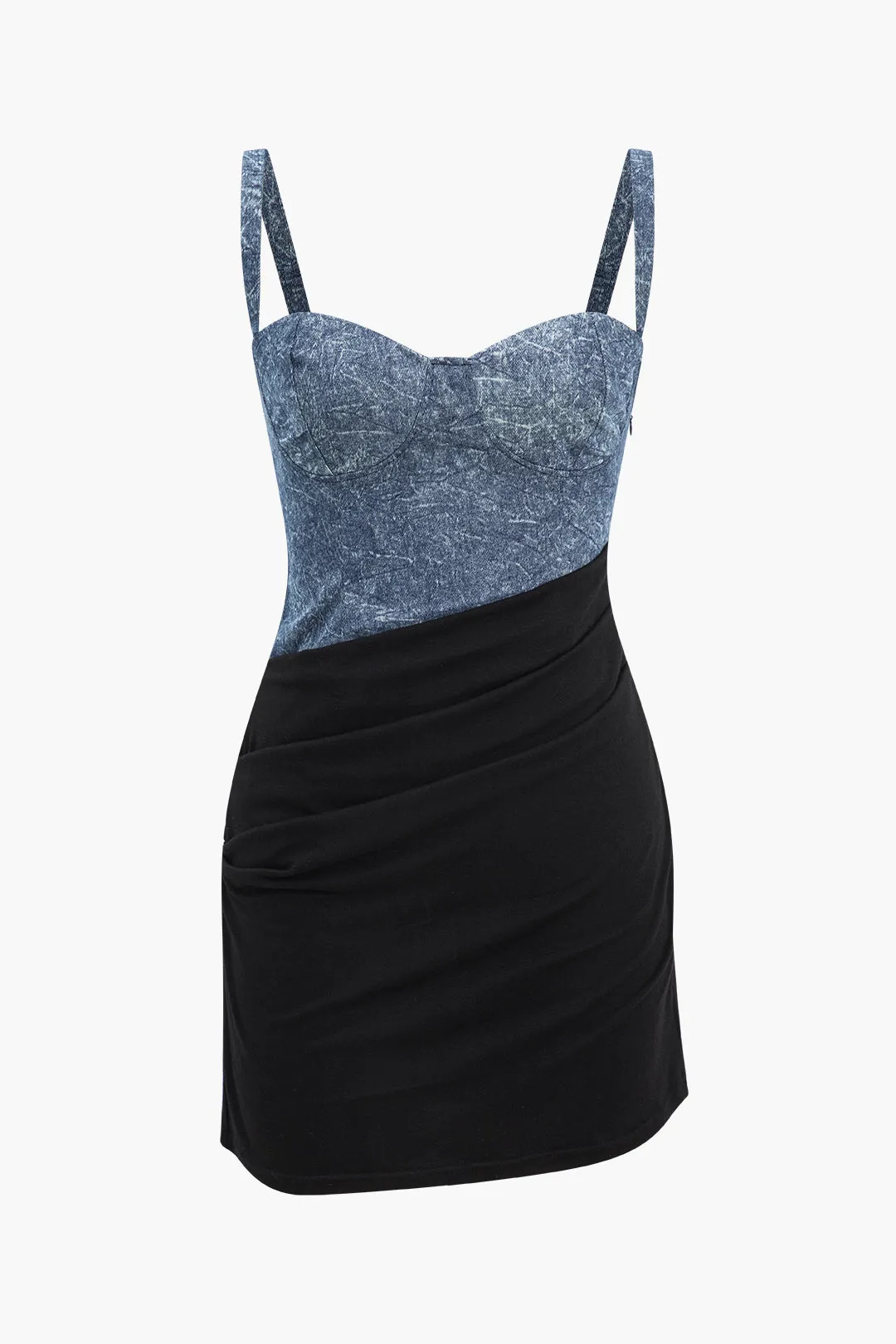 Denim Patchwork Ruched ærmeløs minikjole sold by Micas