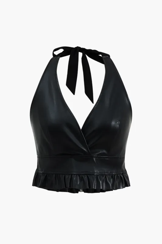 Faux læder ruffle lynlås cami top sold by Micas