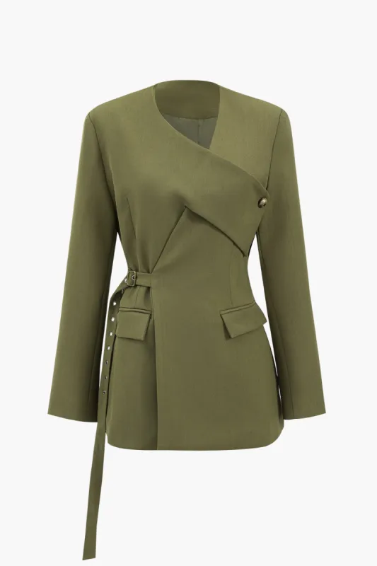 Crossed Button Pocket Belted Blazer sold by Micas