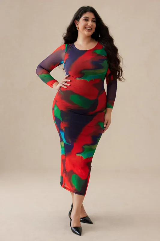 Plus Size abstrakt print mesh langærmet midikjole sold by Micas