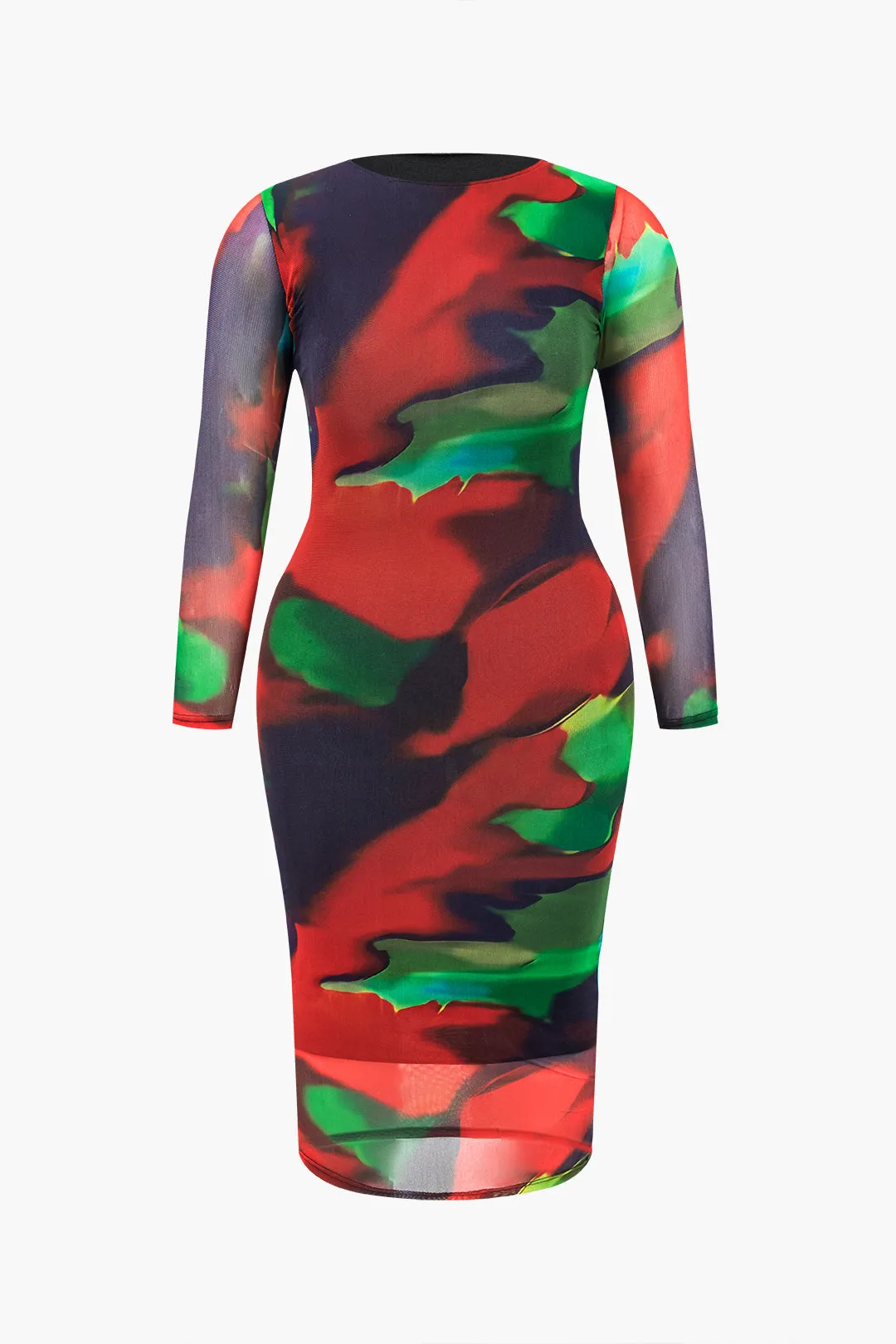 Plus Size abstrakt print mesh langærmet midikjole sold by Micas product image thumbnail 2