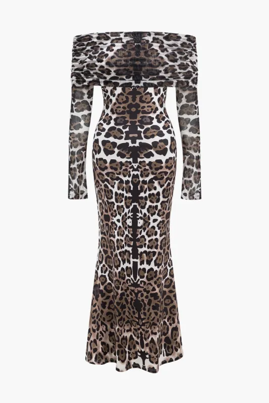 Leopard Print Mesh Off Shoulder Long Sleeve Maxi Dress sold by Micas