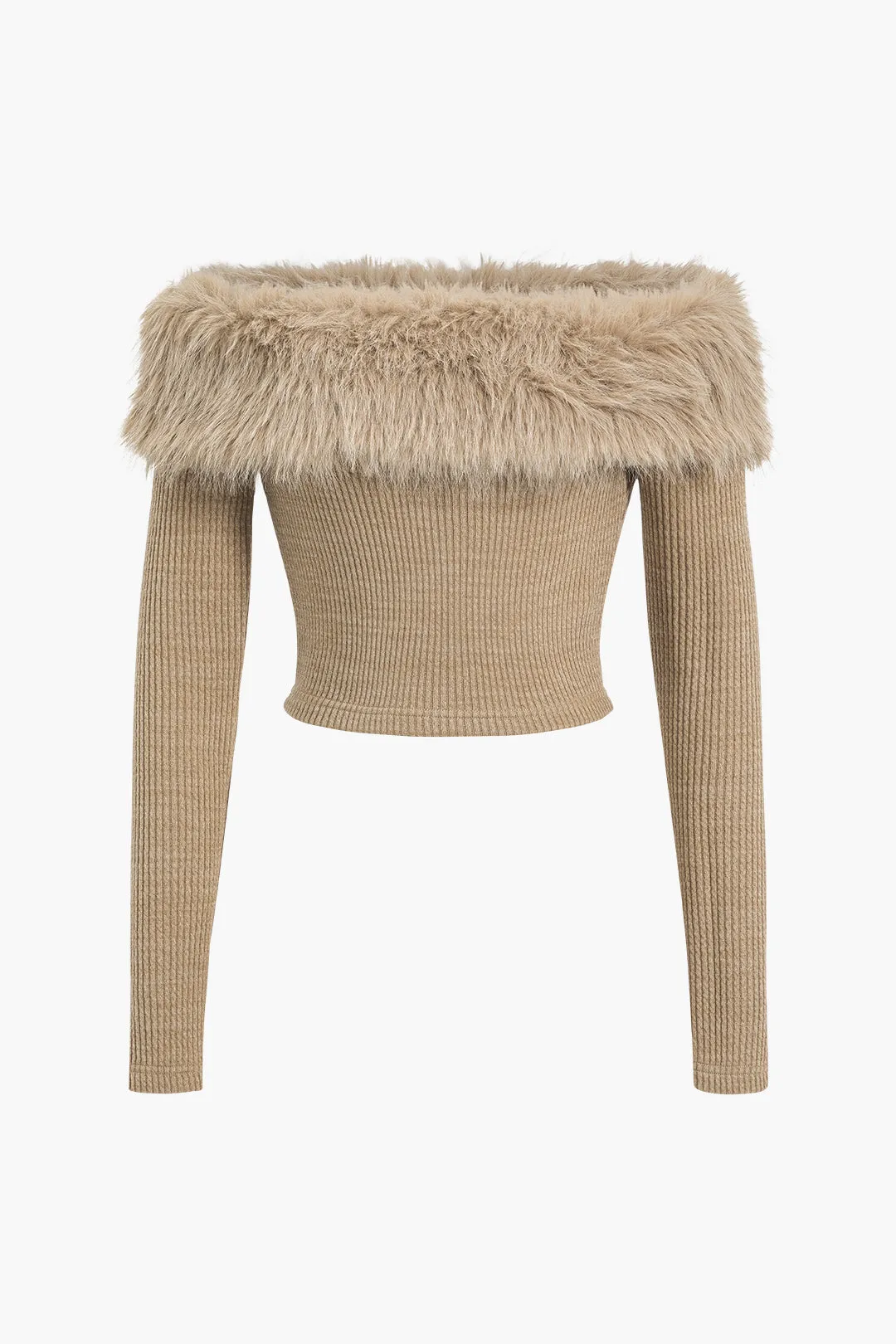 Strik off-skulder patchwork imiteret pels langærmet top sold by Micas